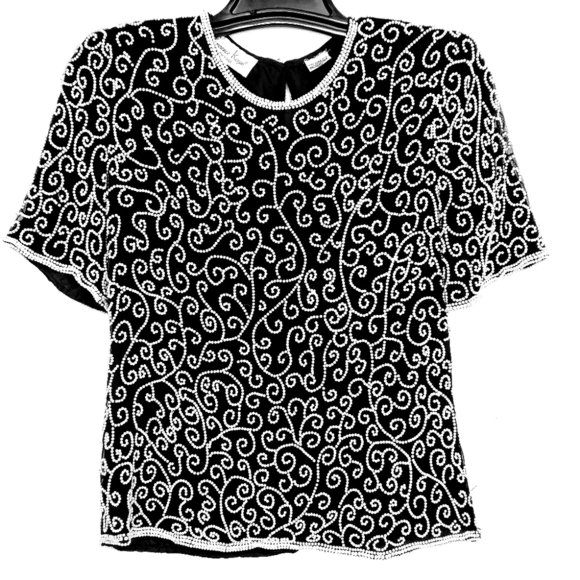 Vintage Laurence Kazar Pearl Beaded Black Top EUC - Picture 3 of 15